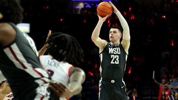 Washington State Cougars forward Andrej Jakimovski (23) shoots a basket against the Arizona Wildcats during the first half at McKale Center in Tucson, Arizona, on Feb. 22, 2024.